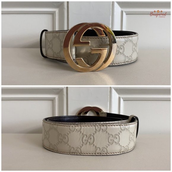 Authentic Gucci Cream Guccissima Leather Gold Interlocking G Buckle Belt 85/34 - Picture 3 of 13